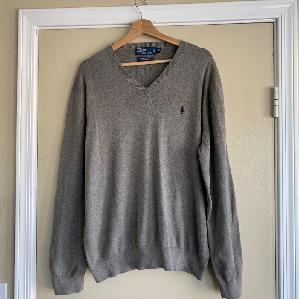 Polo Ralph Lauren Mens V-neck Sweater XXL Sandy Brown Pima Cotton Classic Preppy